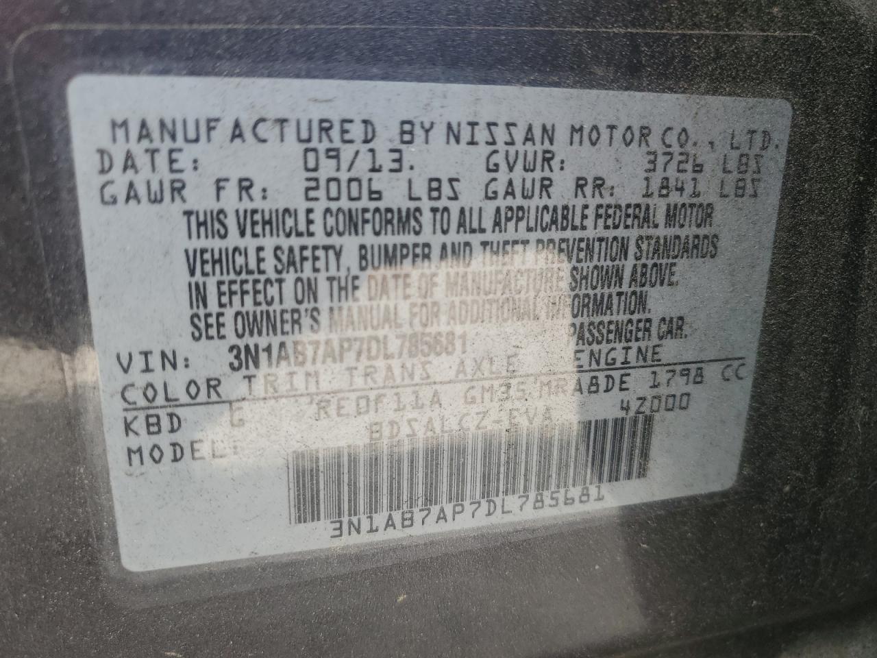 2013 Nissan Sentra S VIN: 3N1AB7AP7DL785681 Lot: 84276375