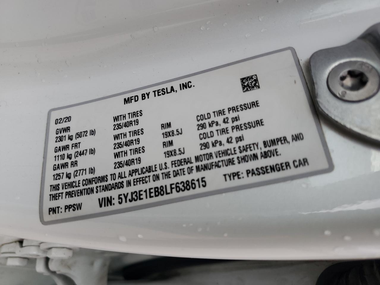 2020 Tesla Model 3 VIN: 5YJ3E1EB8LF638615 Lot: 81010335