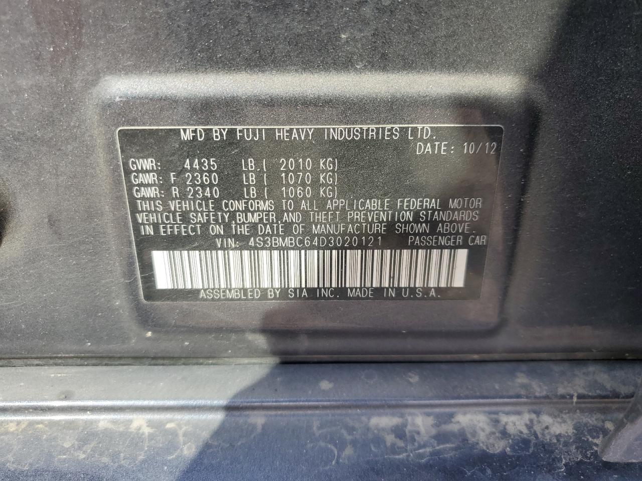 2013 Subaru Legacy 2.5I Premium VIN: 4S3BMBC64D3020121 Lot: 81159485