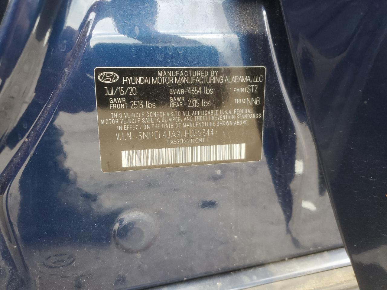 2020 Hyundai Sonata Sel VIN: 5NPEL4JA2LH059344 Lot: 81577195