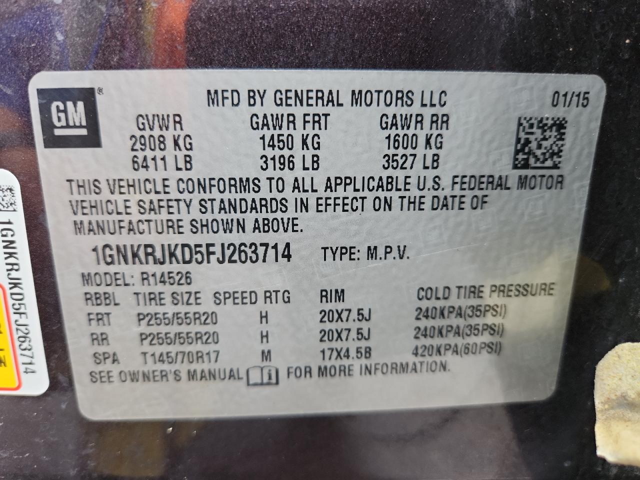 2015 Chevrolet Traverse Ltz VIN: 1GNKRJKD5FJ263714 Lot: 80563215