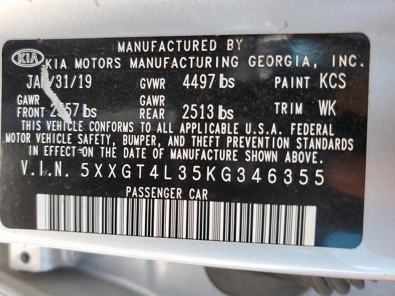 2019 Kia Optima Lx VIN: 5XXGT4L35KG346355 Lot: 80667095