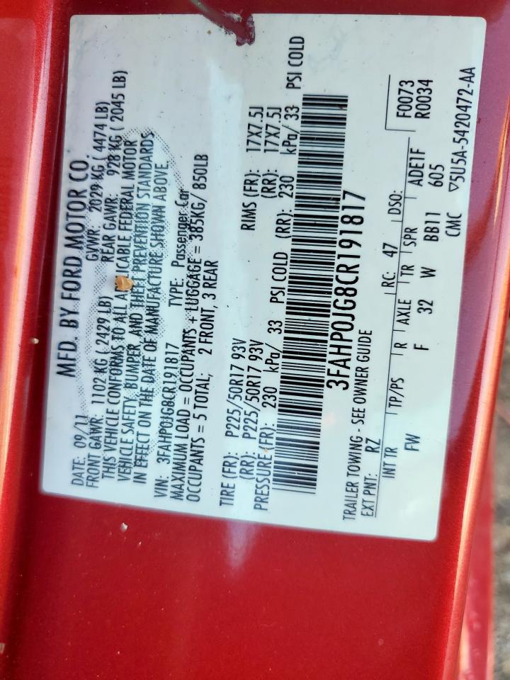 2012 Ford Fusion Sel VIN: 3FAHP0JG8CR191817 Lot: 71037295