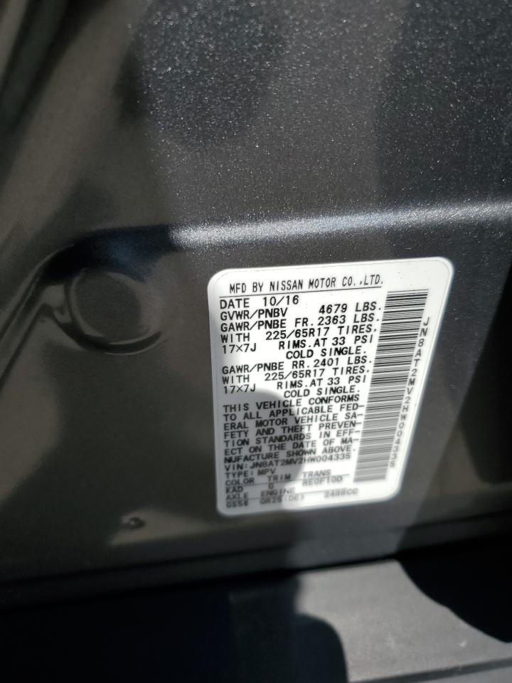 2017 Nissan Rogue S VIN: JN8AT2MV2HW004335 Lot: 71794415