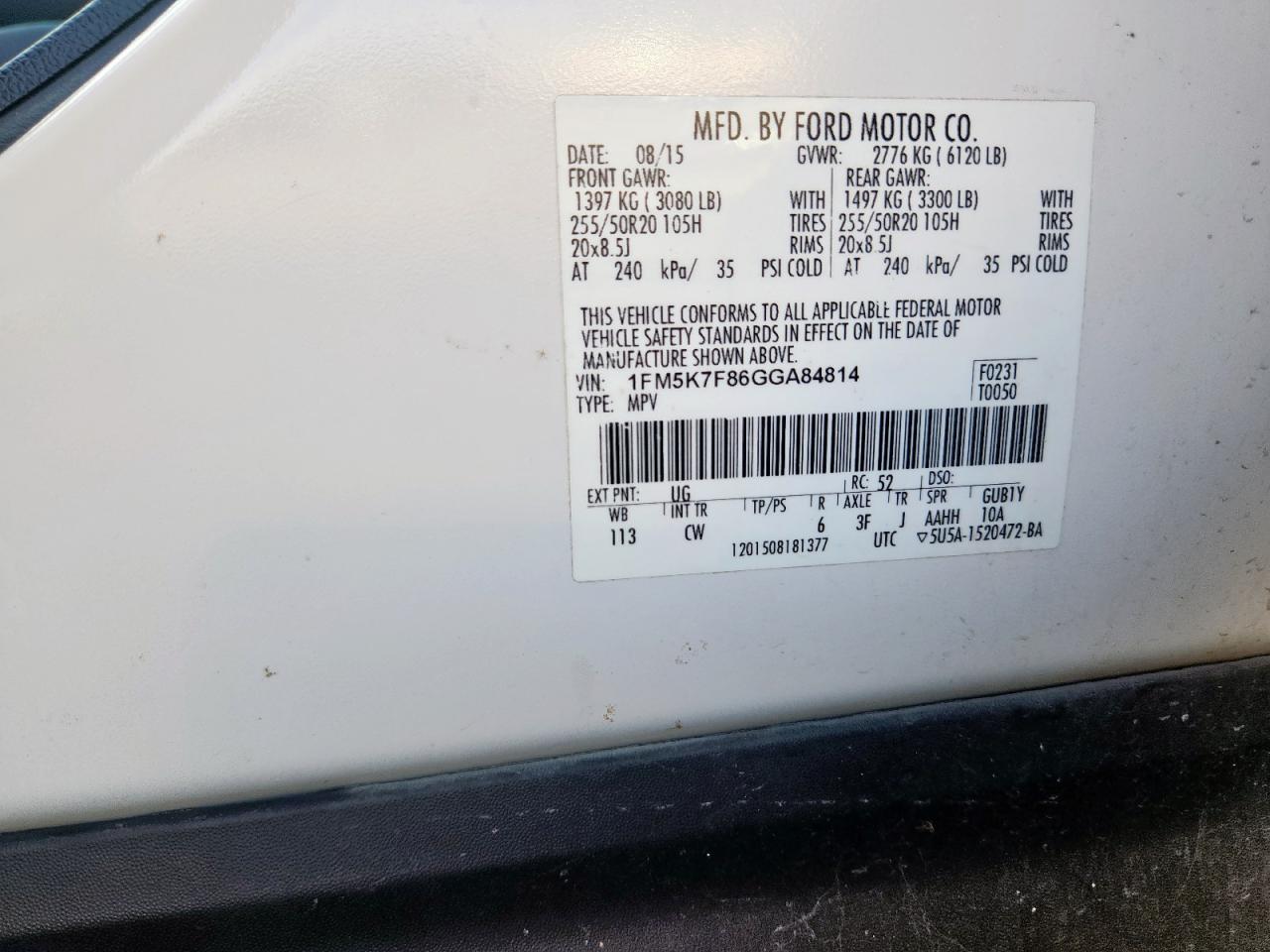 2016 Ford Explorer Limited VIN: 1FM5K7F86GGA84814 Lot: 72100225