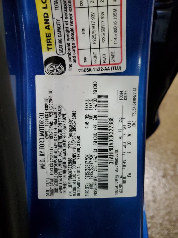 2012 Ford Fusion Sel VIN: 3FAHP0JA3CR322888 Lot: 84395515