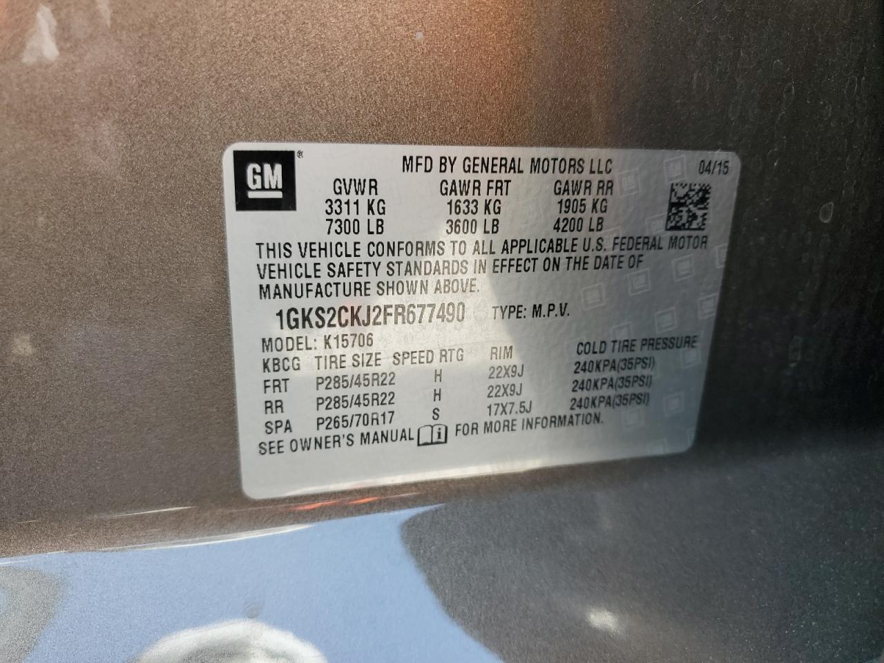 2015 GMC Yukon Denali VIN: 1GKS2CKJ2FR677490 Lot: 81409045