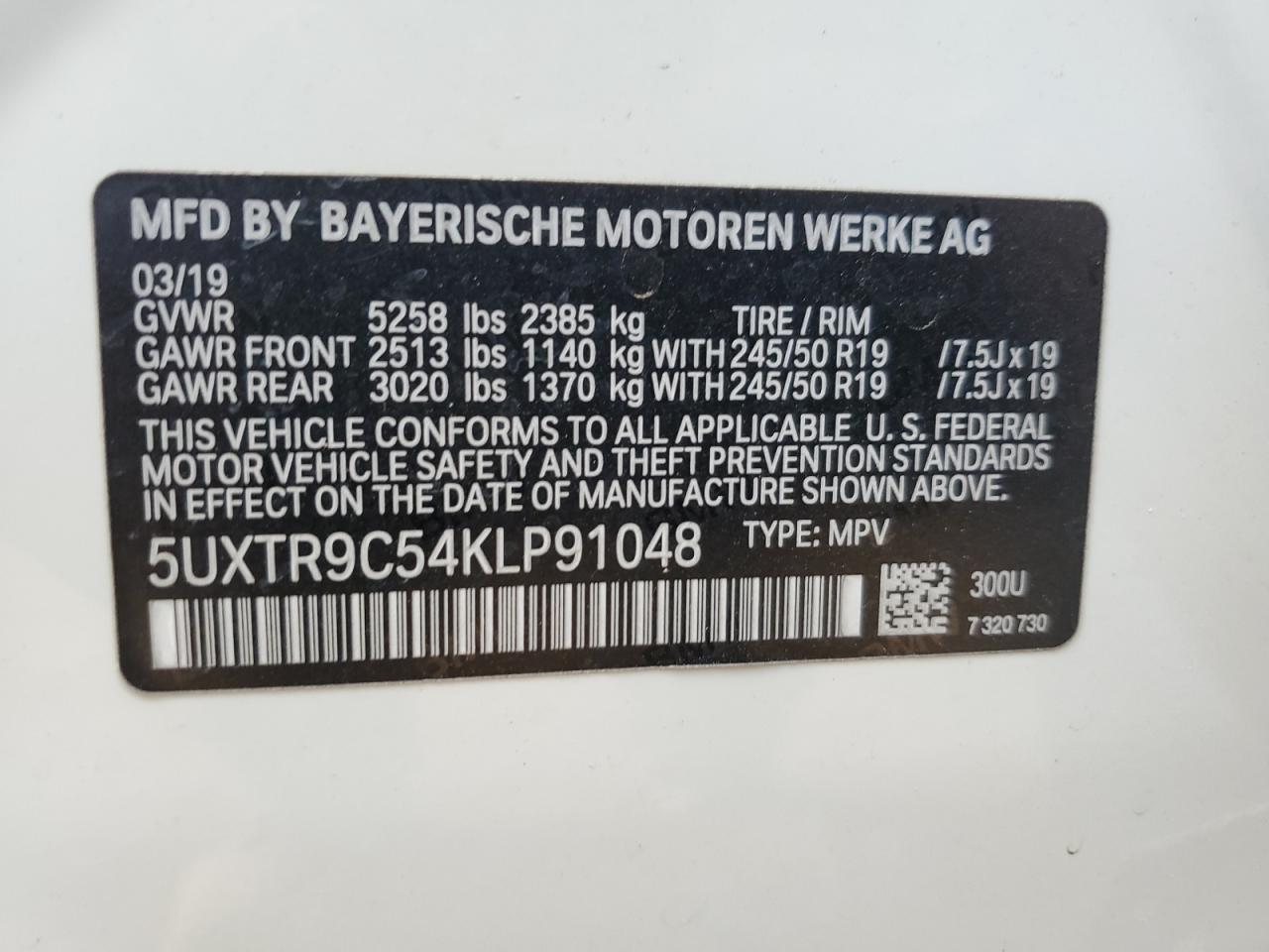 2019 BMW X3 xDrive30I VIN: 5UXTR9C54KLP91048 Lot: 80017395