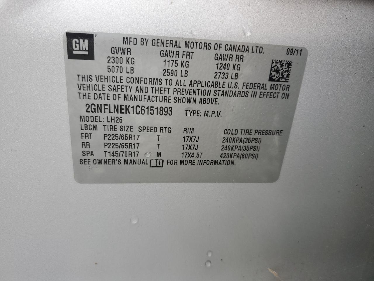 2012 Chevrolet Equinox Lt VIN: 2GNFLNEK1C6151893 Lot: 82071295