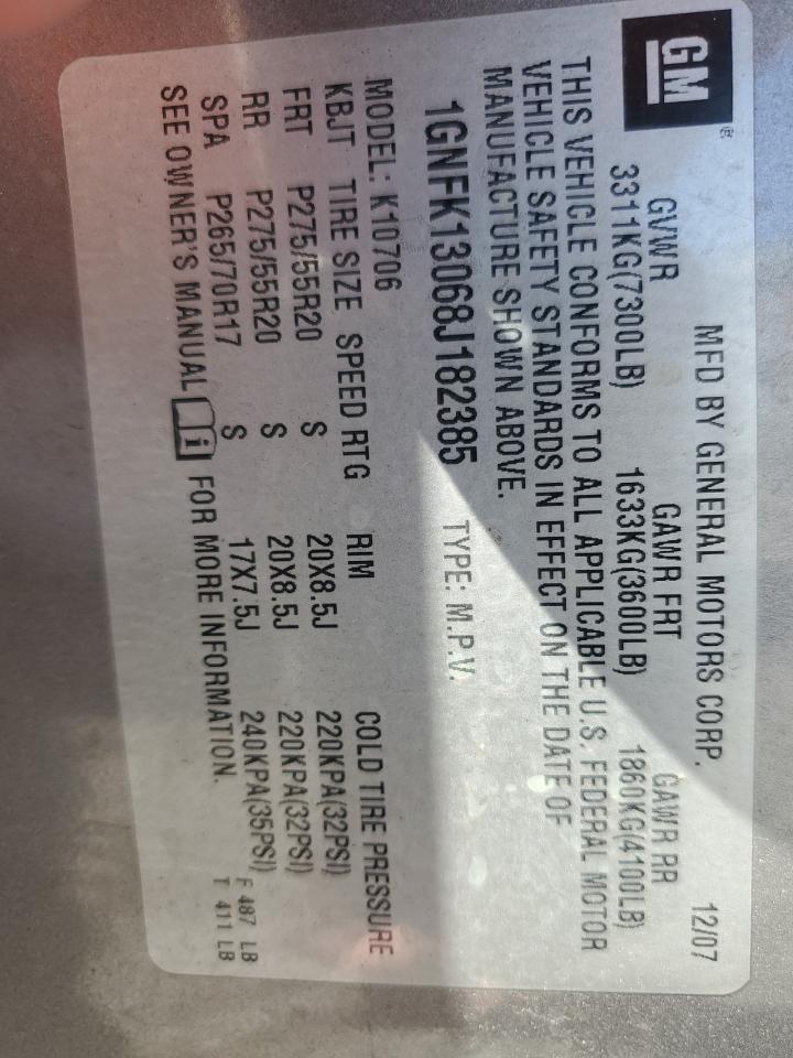 2008 Chevrolet Tahoe K1500 VIN: 1GNFK13068J182385 Lot: 80641085