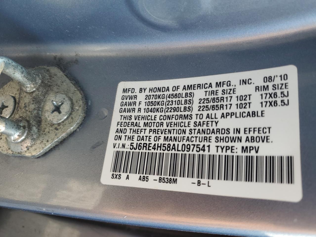 2010 Honda Cr-V Ex VIN: 5J6RE4H58AL097541 Lot: 81059415
