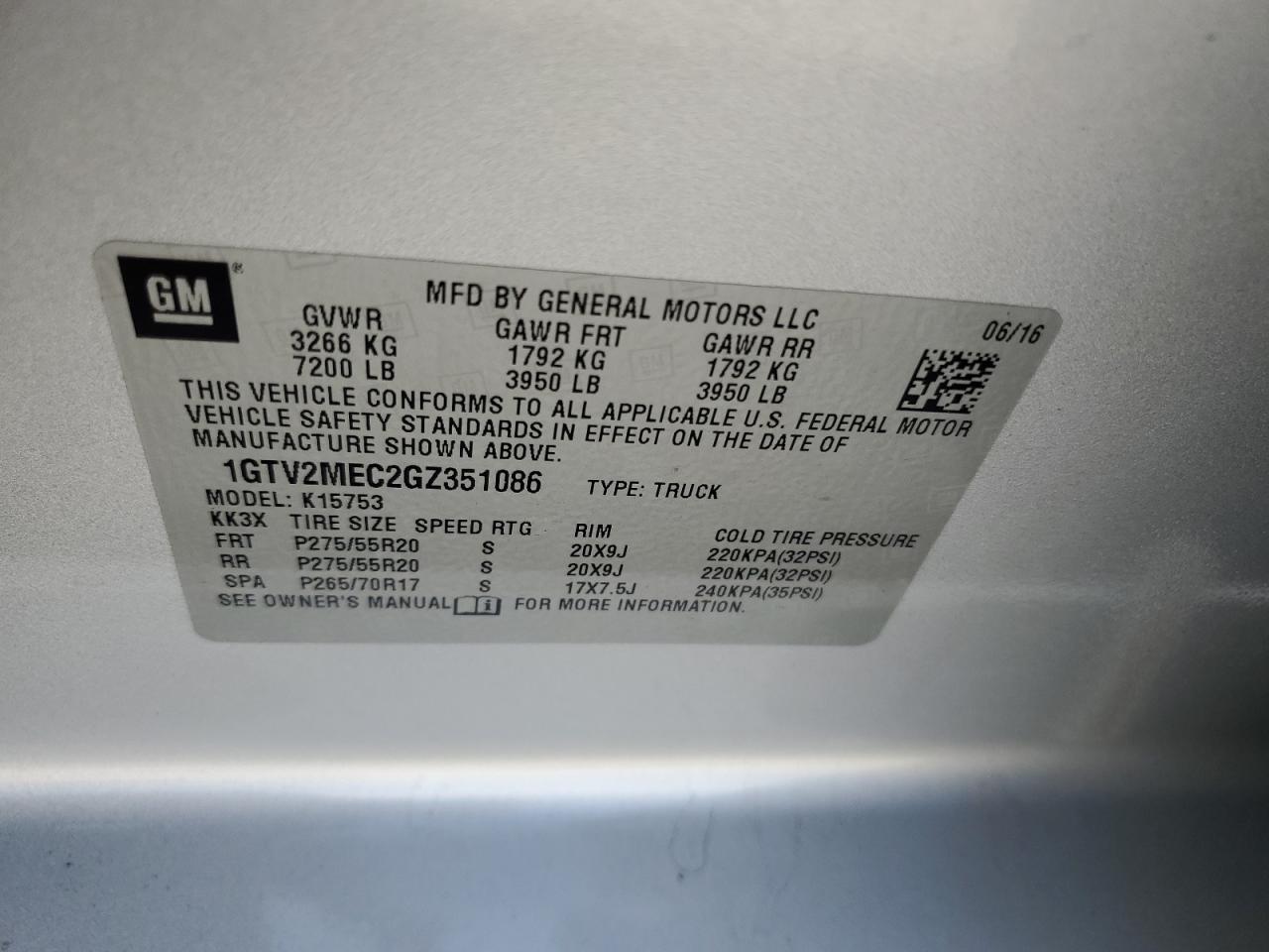 2016 GMC Sierra K1500 Sle VIN: 1GTV2MEC2GZ351086 Lot: 84437585