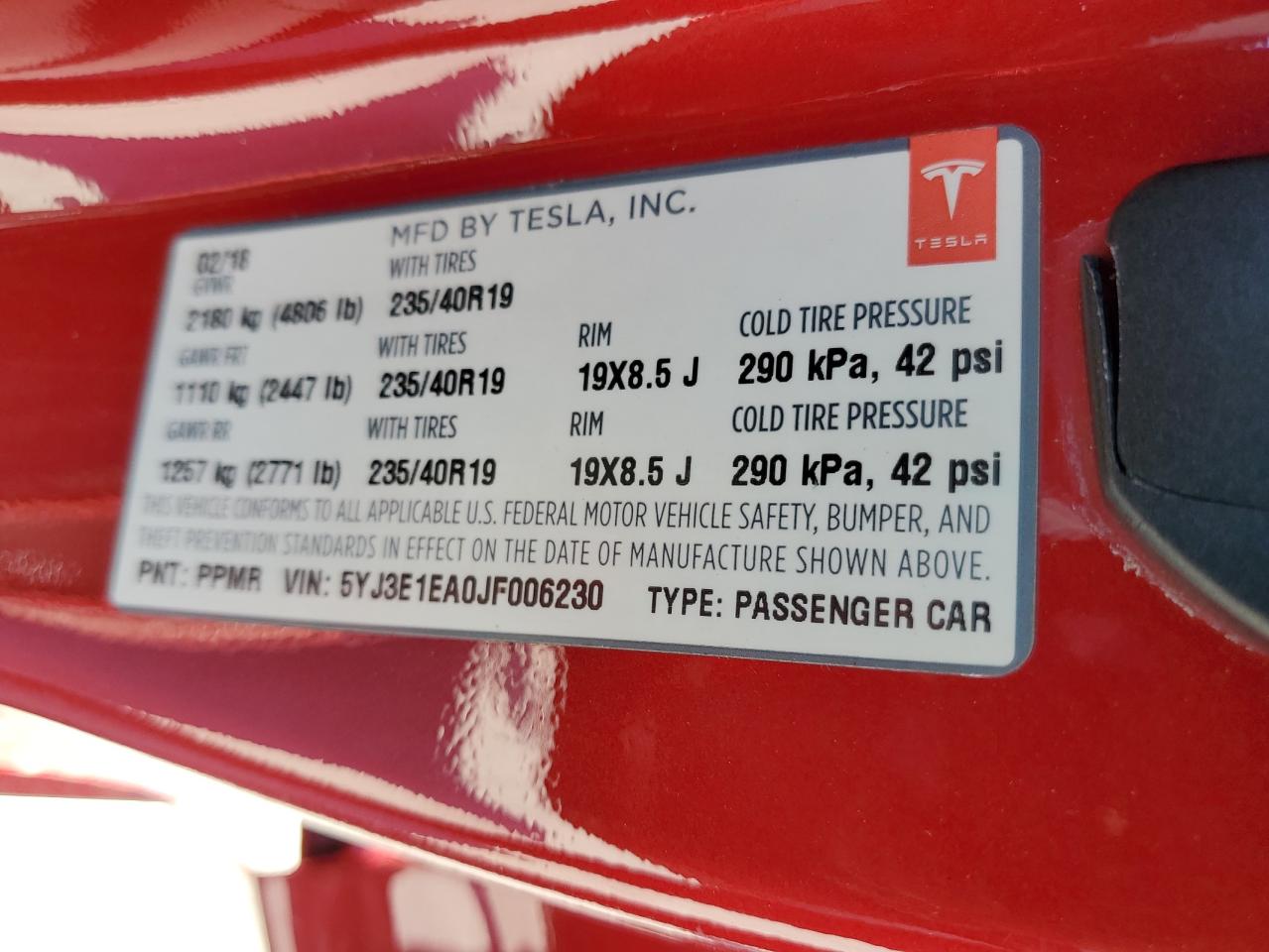 2018 Tesla Model 3 VIN: 5YJ3E1EA0JF006230 Lot: 81327105