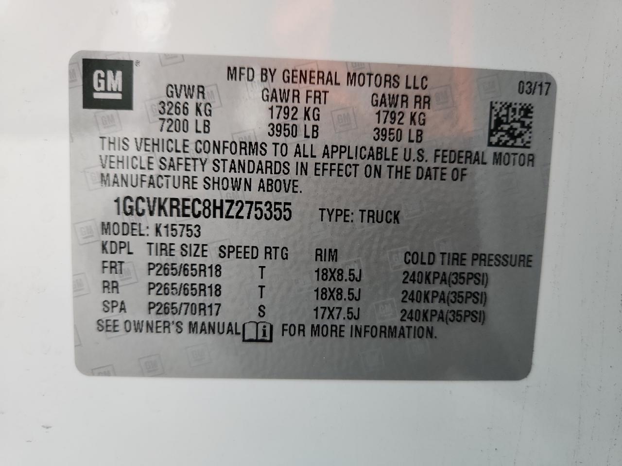 2017 Chevrolet Silverado K1500 Lt VIN: 1GCVKREC8HZ275355 Lot: 81840875