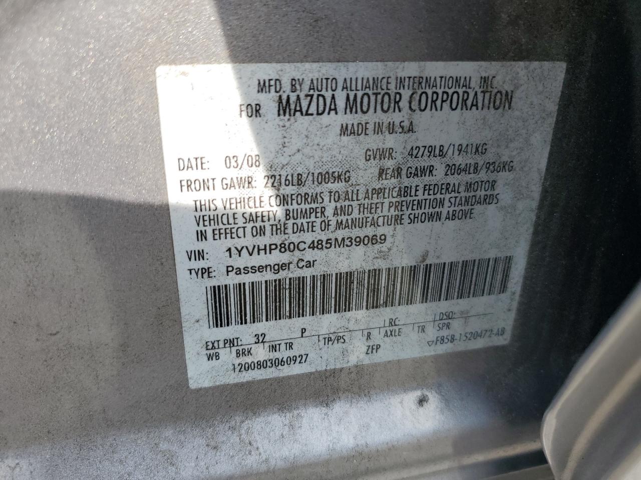 2008 Mazda 6 I VIN: 1YVHP80C485M39069 Lot: 81156365