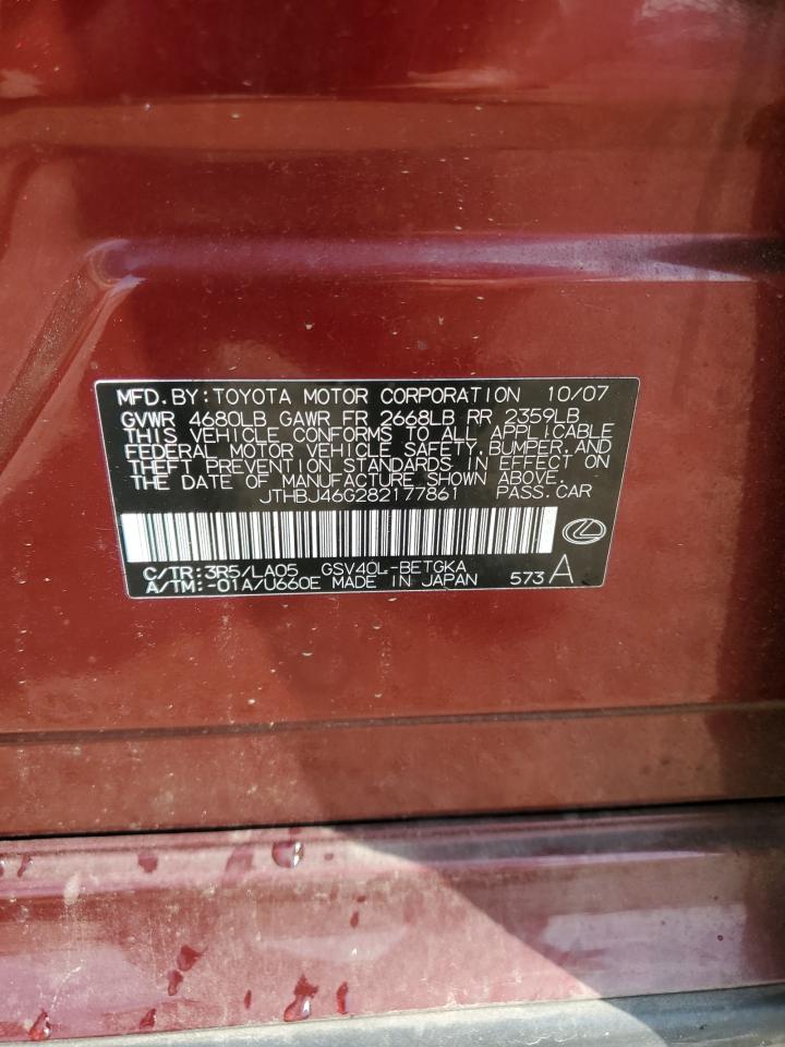 2008 Lexus Es 350 VIN: JTHBJ46G282177861 Lot: 80473685