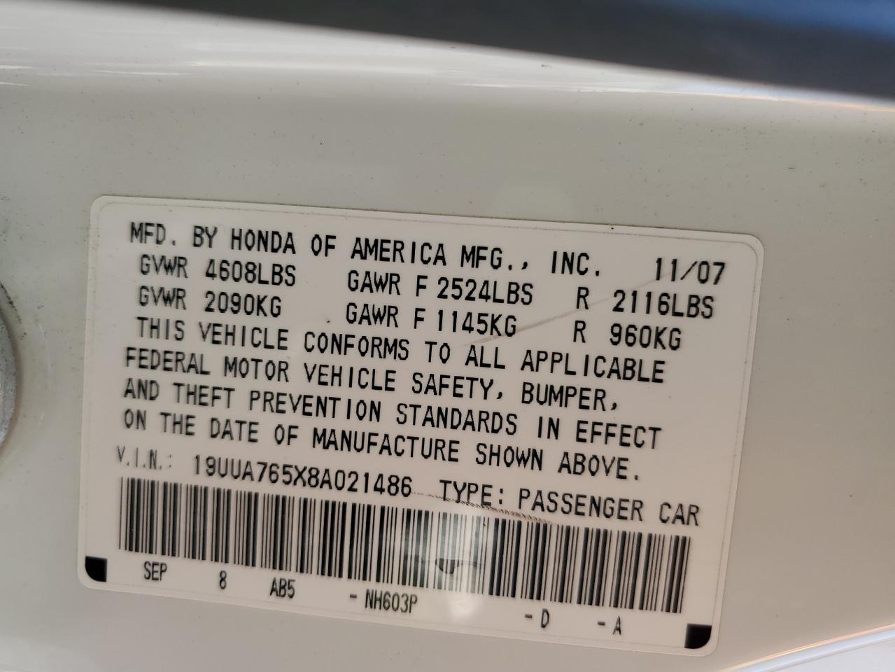 2008 Acura Tl Type S VIN: 19UUA765X8A021486 Lot: 80477225