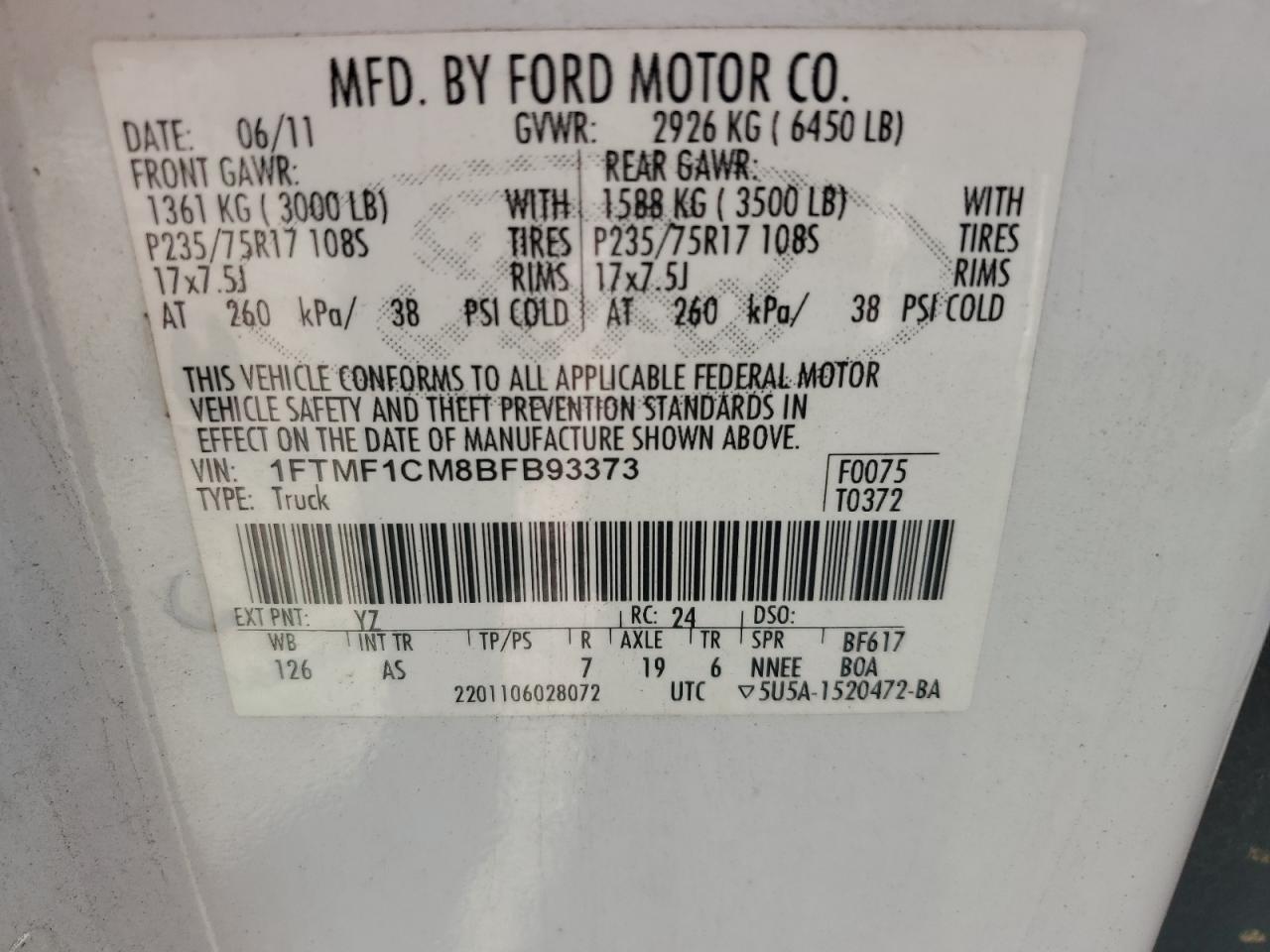 2011 Ford F150 VIN: 1FTMF1CM8BFB93373 Lot: 70907115