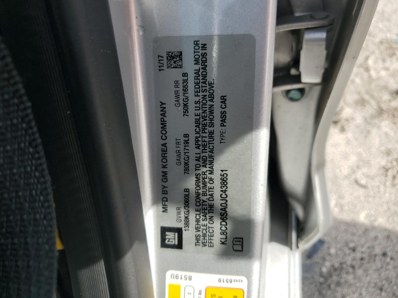 2018 Chevrolet Spark 1Lt VIN: KL8CD6SA0JC438651 Lot: 80787195