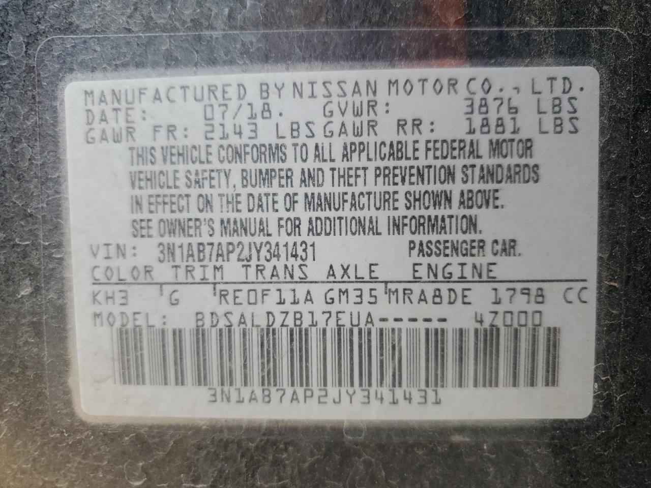 2018 Nissan Sentra S VIN: 3N1AB7AP2JY341431 Lot: 80285385