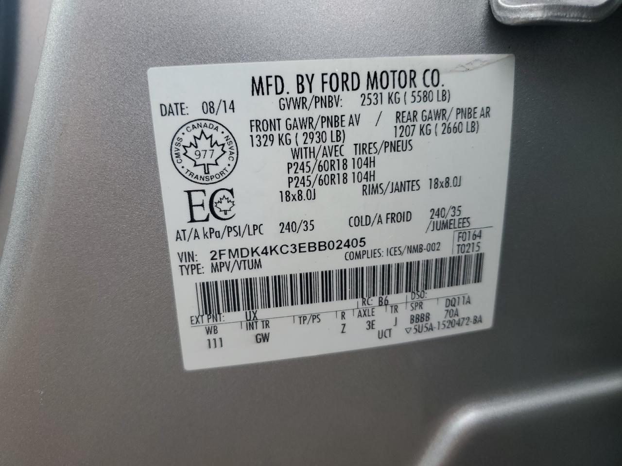 2014 Ford Edge Limited VIN: 2FMDK4KC3EBB02405 Lot: 80273135