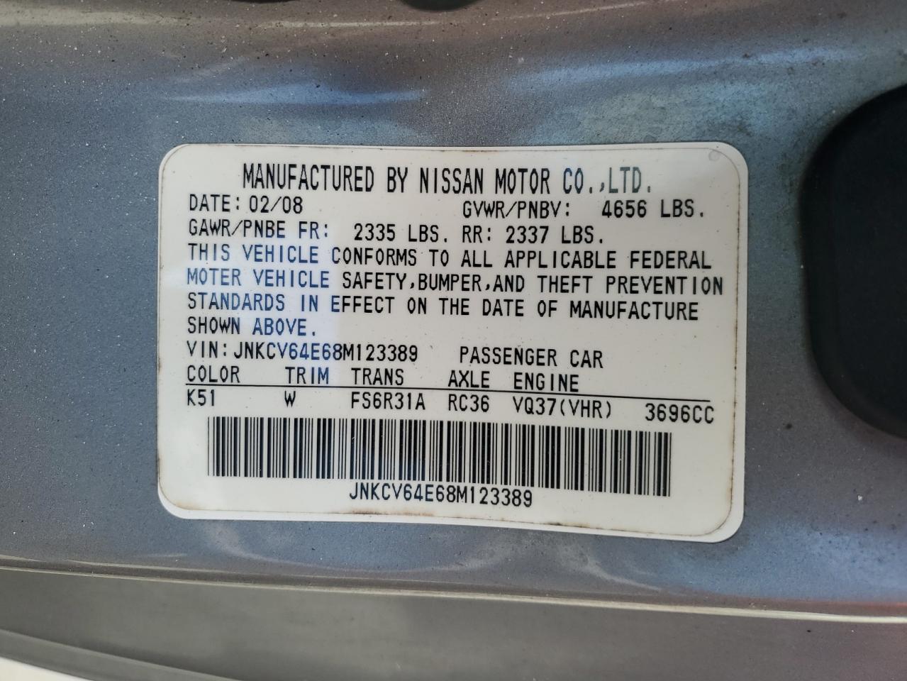 2008 Infiniti G37 Base VIN: JNKCV64E68M123389 Lot: 70678145