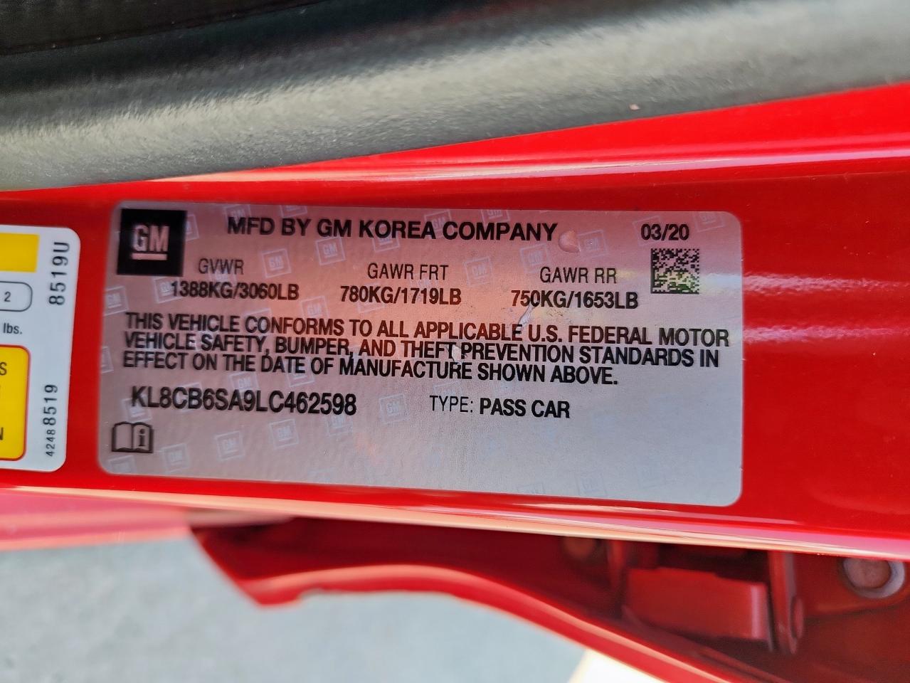 2020 Chevrolet Spark Ls VIN: KL8CB6SA9LC462598 Lot: 71699655