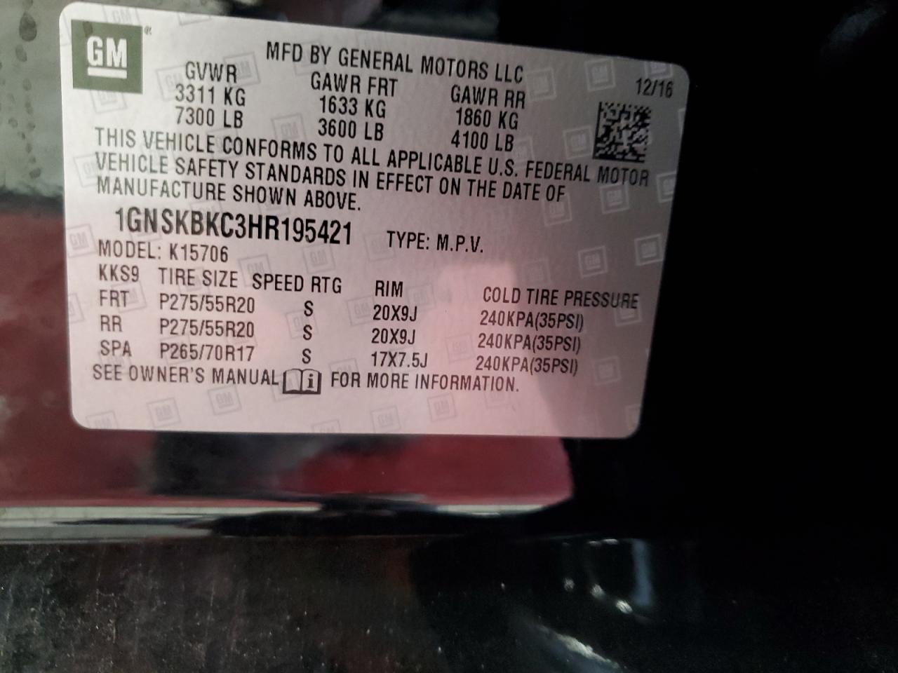 2017 Chevrolet Tahoe K1500 Lt VIN: 1GNSKBKC3HR195421 Lot: 83995385