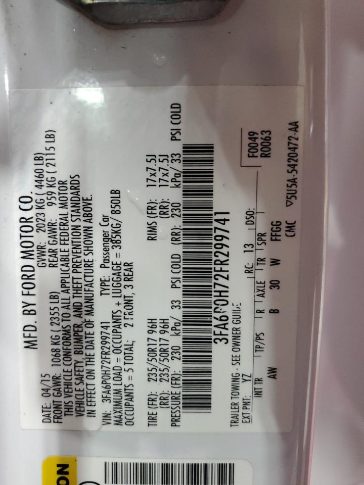 2015 Ford Fusion Se VIN: 3FA6P0H72FR299741 Lot: 83961365