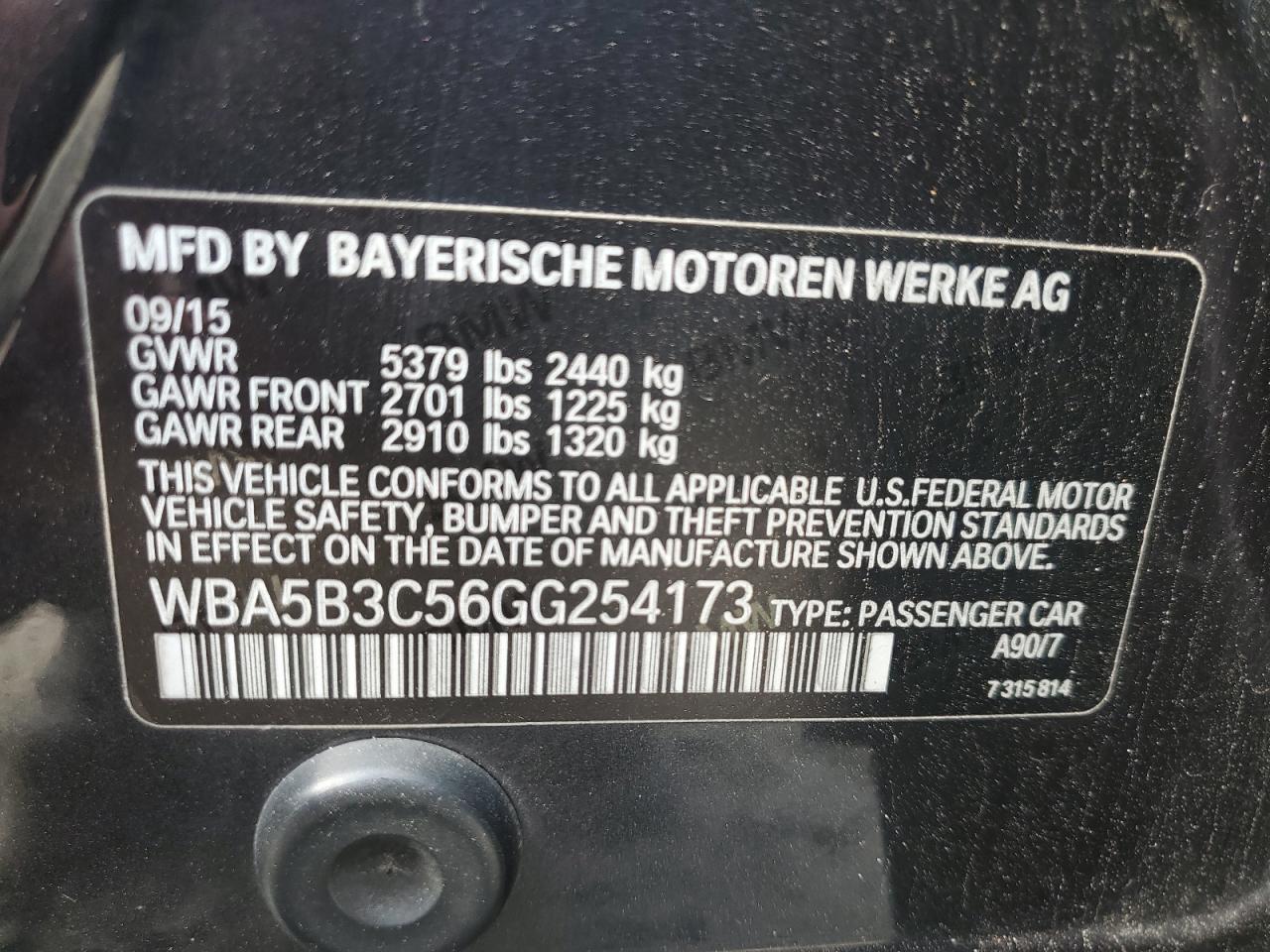 2016 BMW 535 Xi VIN: WBA5B3C56GG254173 Lot: 80330365