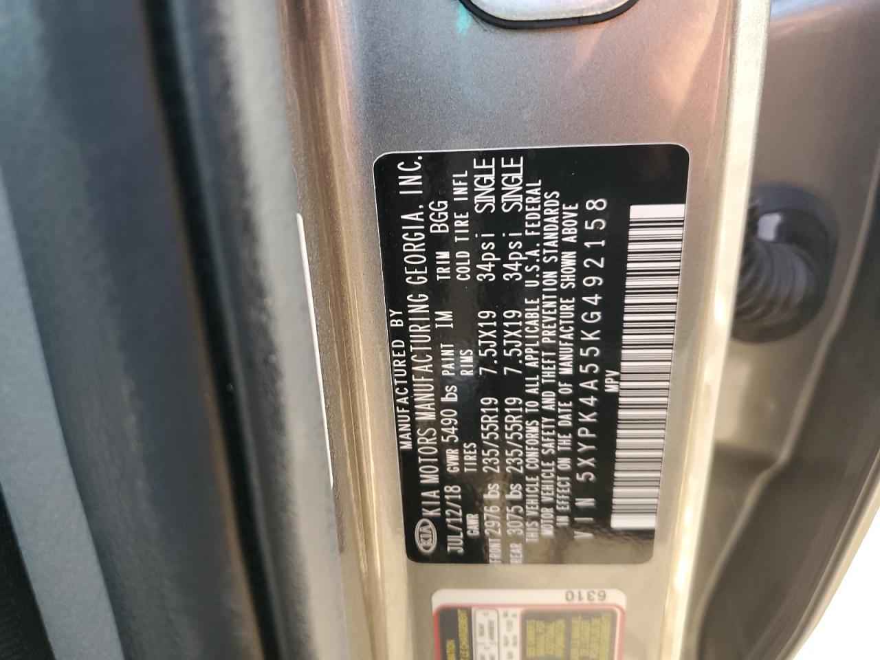 2019 Kia Sorento Sx VIN: 5XYPK4A55KG492158 Lot: 80081895