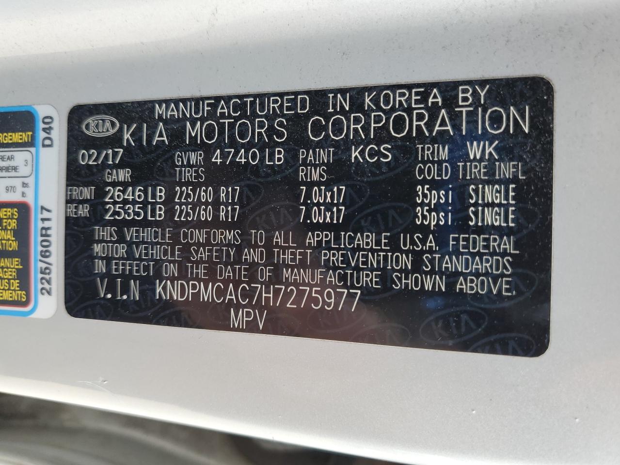 2017 Kia Sportage Lx VIN: KNDPMCAC7H7275977 Lot: 84259095