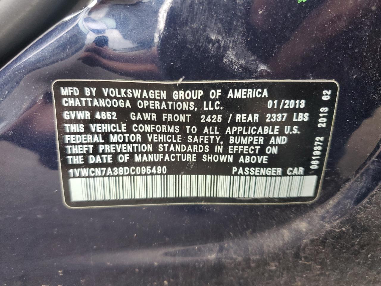 2013 Volkswagen Passat Sel VIN: 1VWCN7A38DC095490 Lot: 81293555