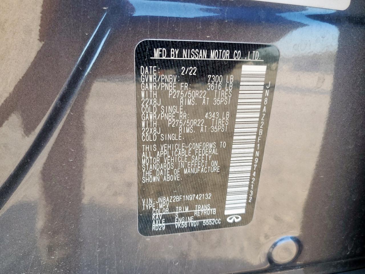 2022 Infiniti Qx80 Sensory VIN: JN8AZ2BF1N9742132 Lot: 80077855