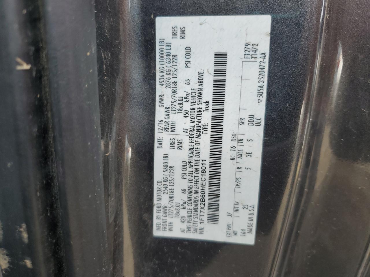 2017 Ford F250 Super Duty VIN: 1FT7X2B60HEC18011 Lot: 84722895