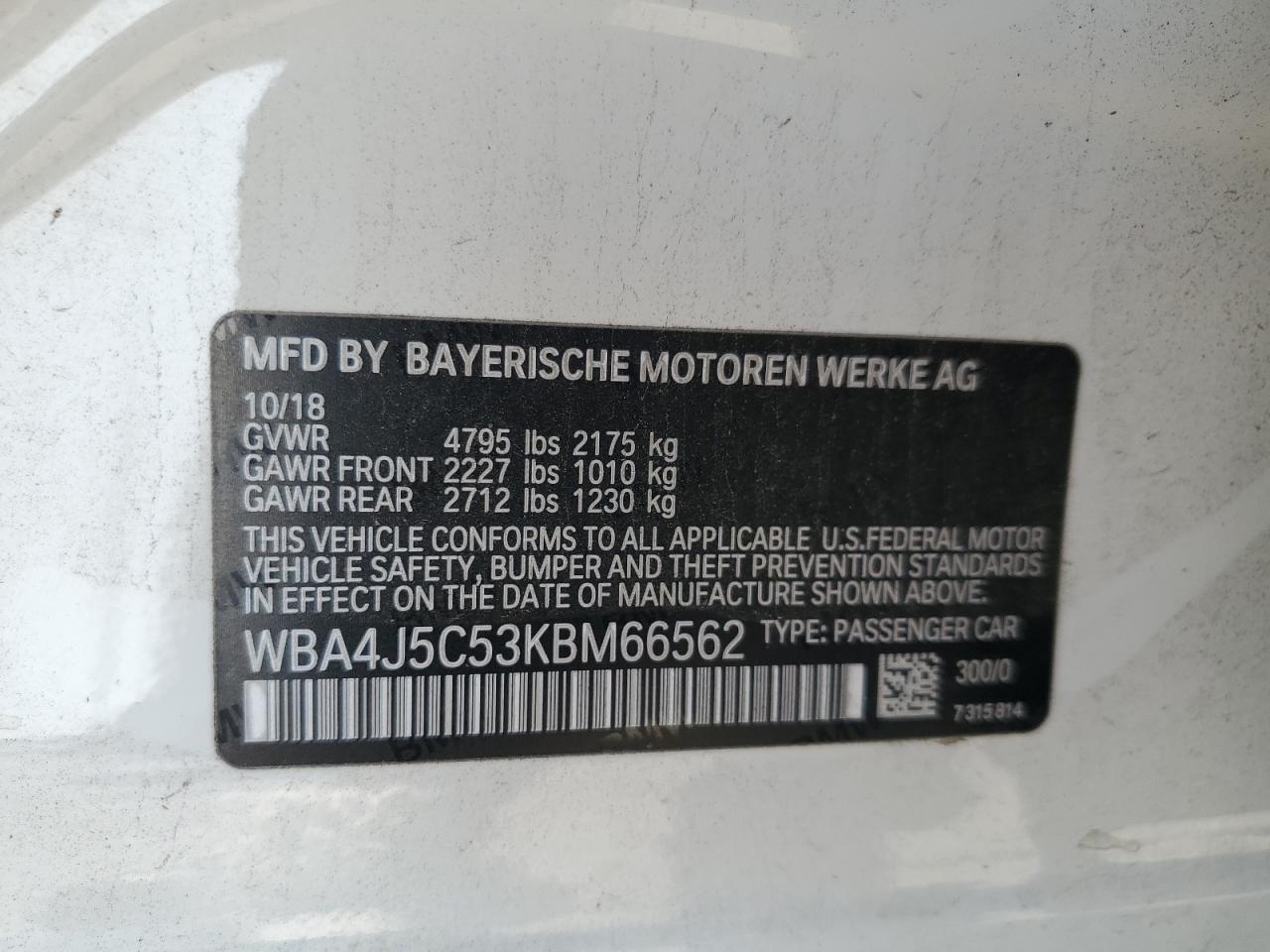 2019 BMW 440I Gran Coupe VIN: WBA4J5C53KBM66562 Lot: 70379825