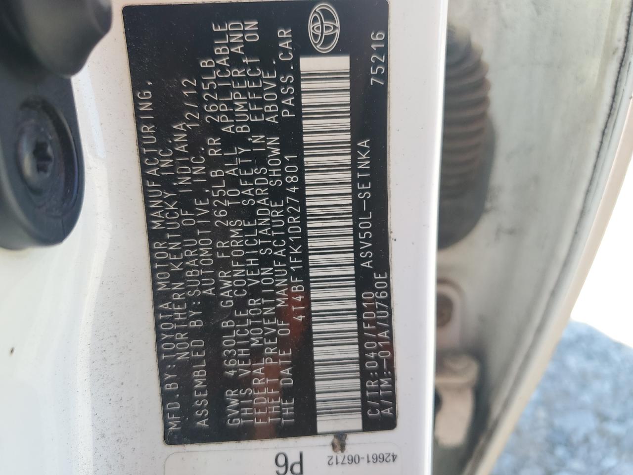 2013 Toyota Camry L VIN: 4T4BF1FK1DR274801 Lot: 70643985