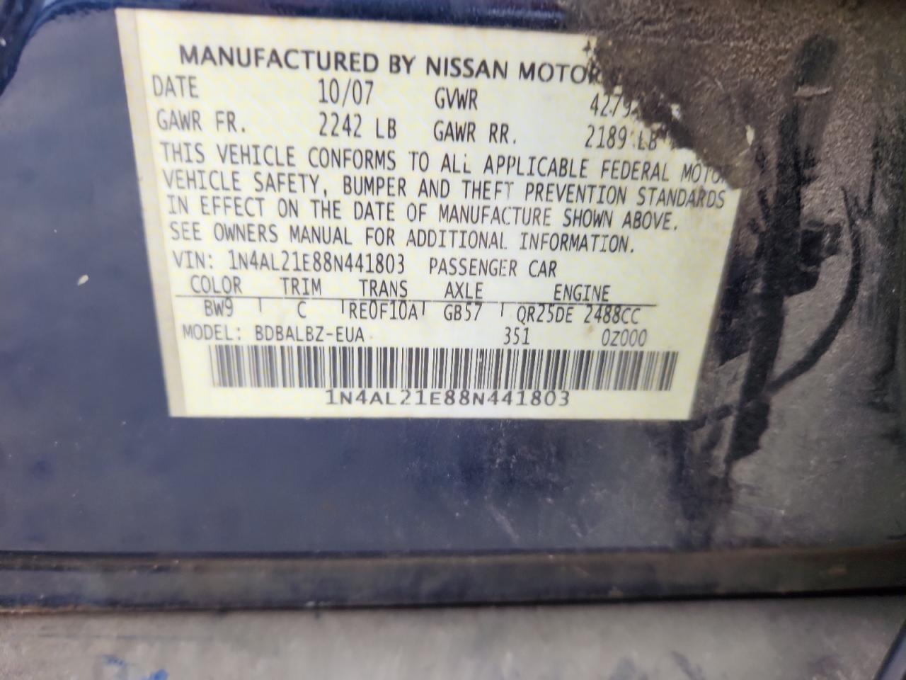 2008 Nissan Altima 2.5 VIN: 1N4AL21E88N441803 Lot: 72034325
