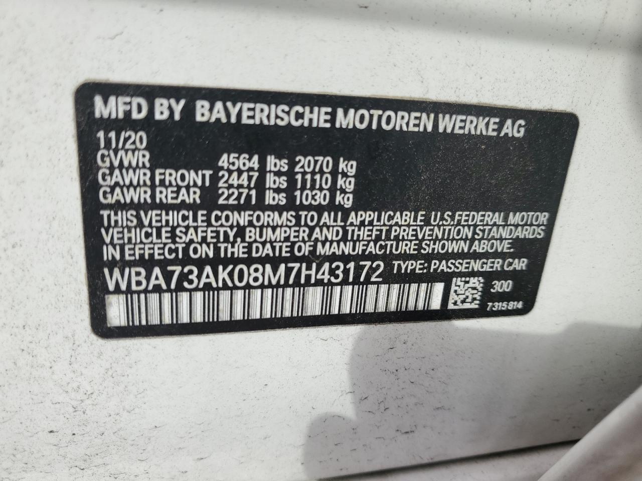 2021 BMW 228Xi VIN: WBA73AK08M7H43172 Lot: 82081055