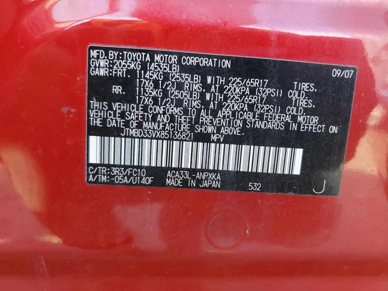 2008 Toyota Rav4 VIN: JTMBD33VX85136821 Lot: 83803185
