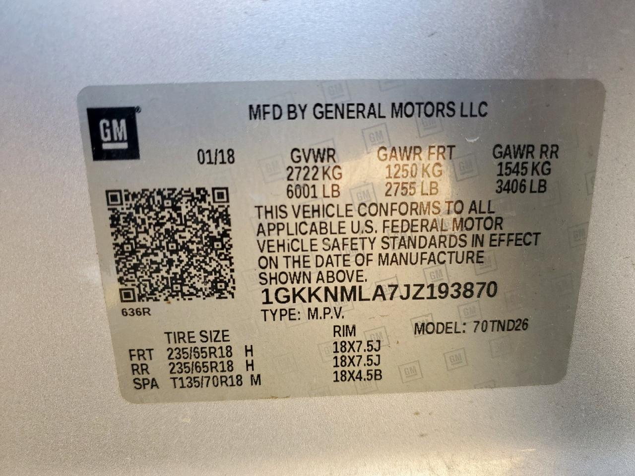 2018 GMC Acadia Slt-1 VIN: 1GKKNMLA7JZ193870 Lot: 71799975