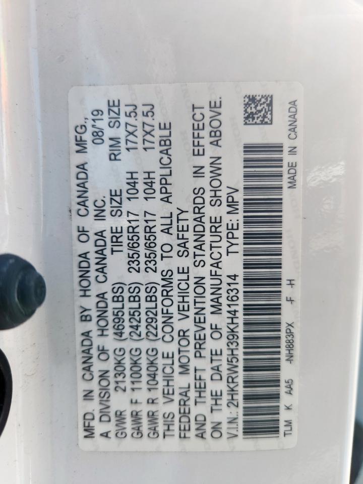 2019 Honda Cr-V Lx VIN: 2HKRW5H39KH416314 Lot: 84605805