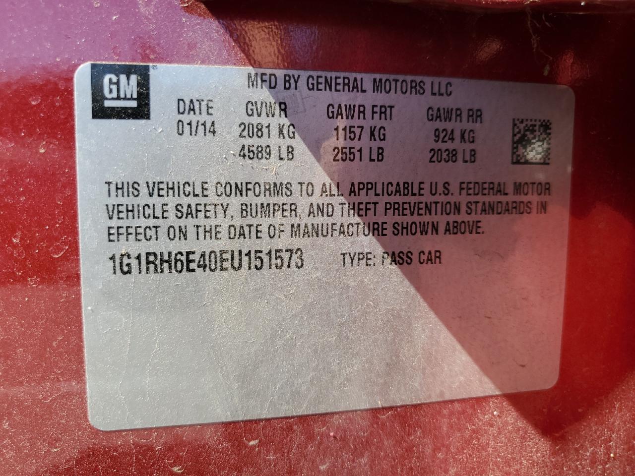 2014 Chevrolet Volt VIN: 1G1RH6E40EU151573 Lot: 71703775