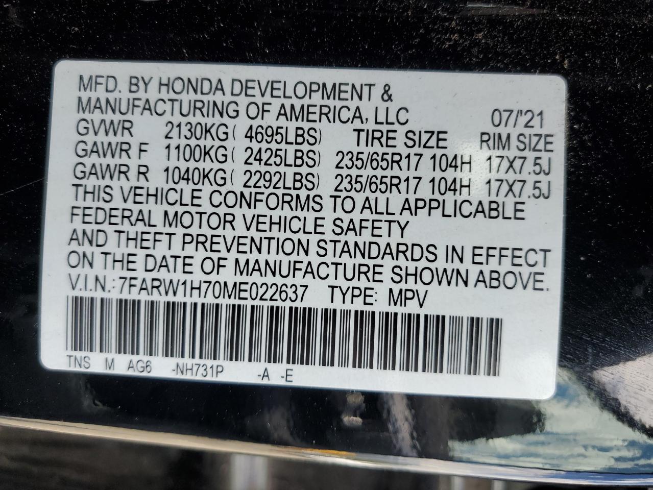 2021 Honda Cr-V Se VIN: 7FARW1H70ME022637 Lot: 81756485