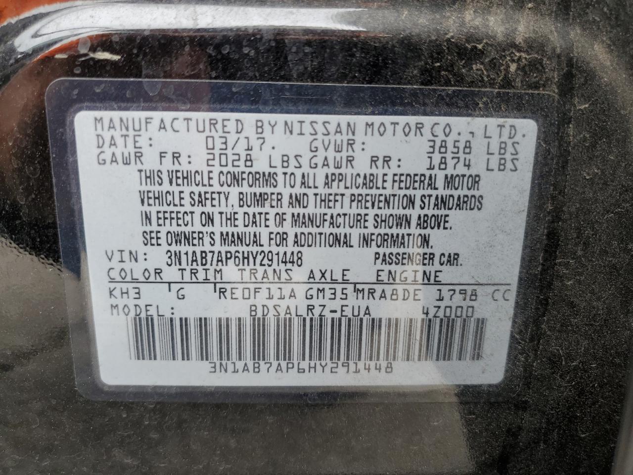 2017 Nissan Sentra S VIN: 3N1AB7AP6HY291448 Lot: 84282845