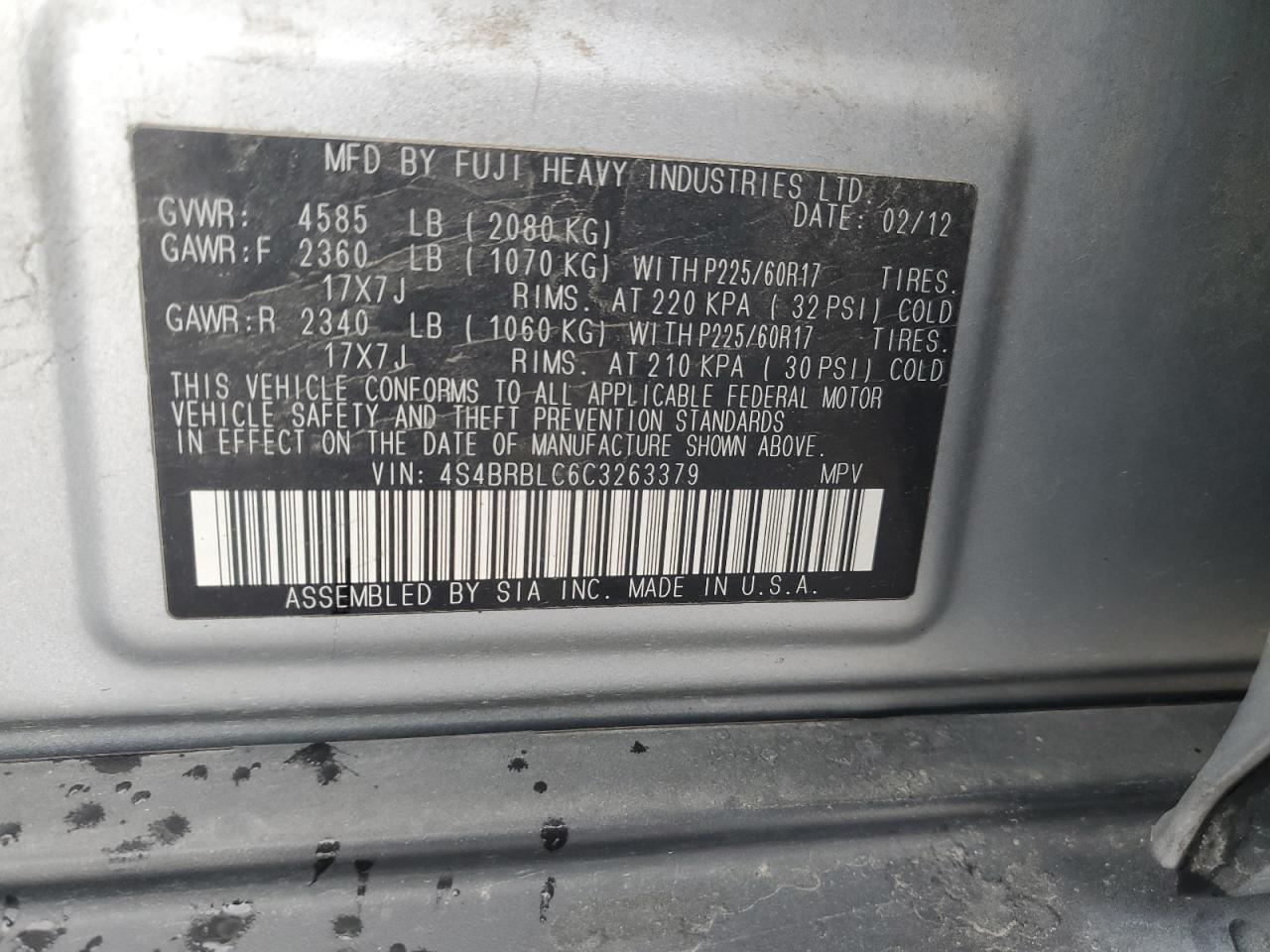 2012 Subaru Outback 2.5I Limited VIN: 4S4BRBLC6C3263379 Lot: 84015245