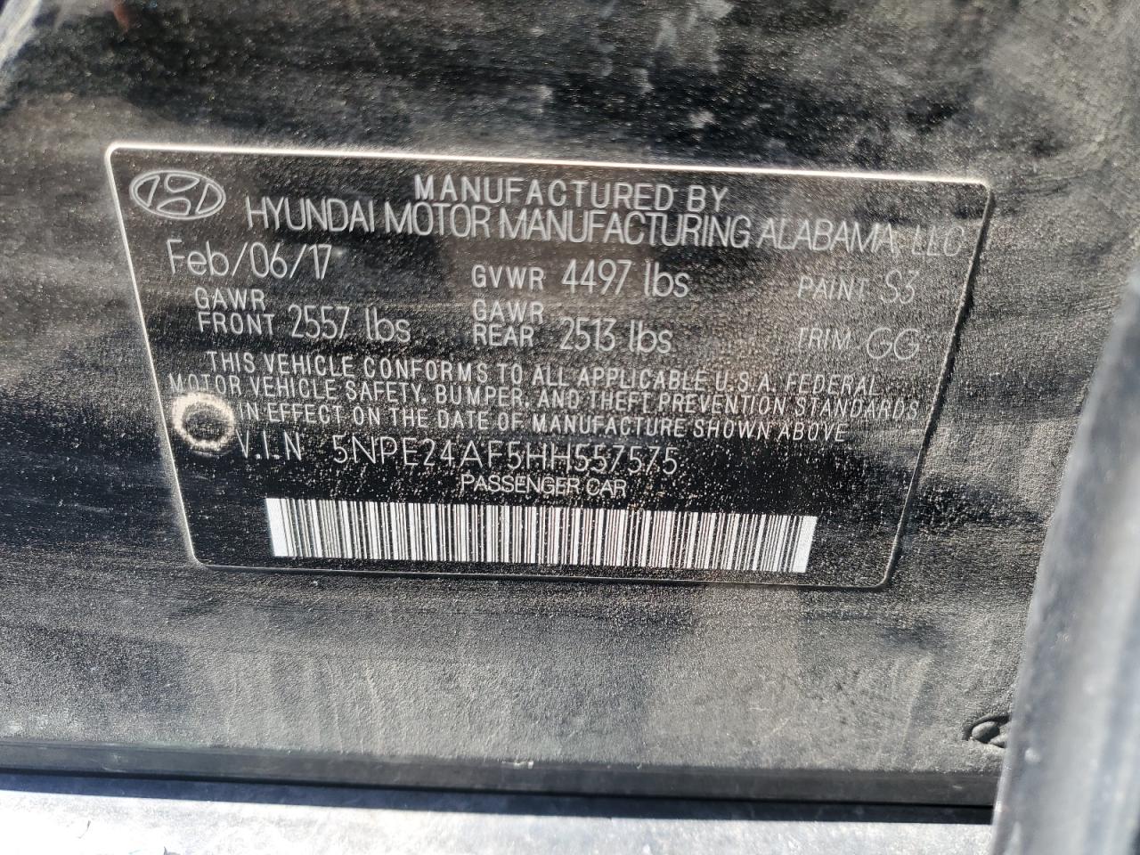 2017 Hyundai Sonata Se VIN: 5NPE24AF5HH557575 Lot: 71902655