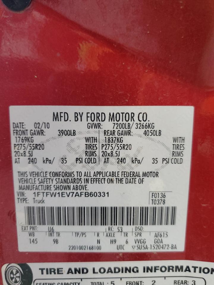 2010 Ford F150 Supercrew VIN: 1FTFW1EV7AFB60331 Lot: 80661475