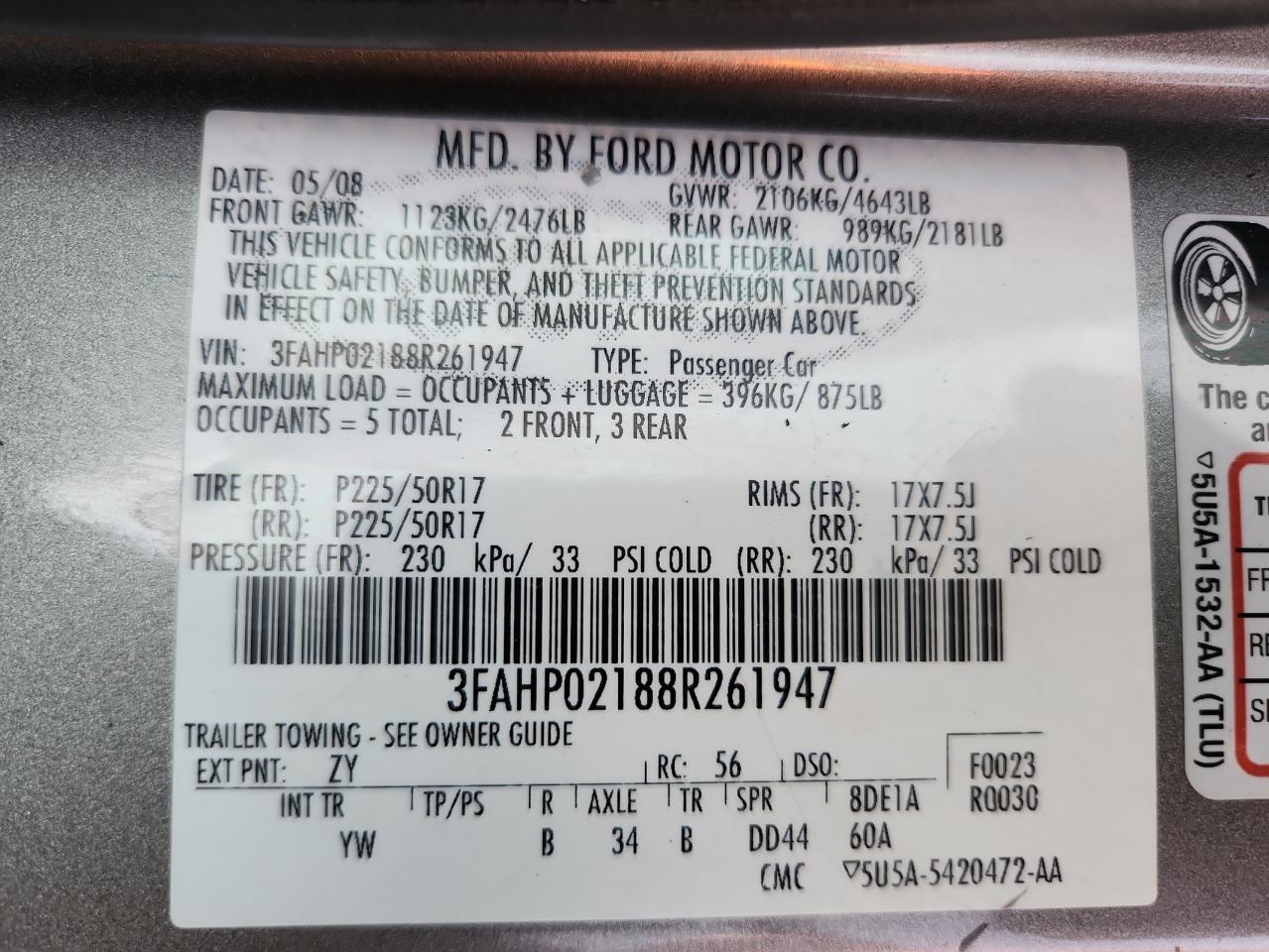 2008 Ford Fusion Sel VIN: 3FAHP02188R261947 Lot: 71490225