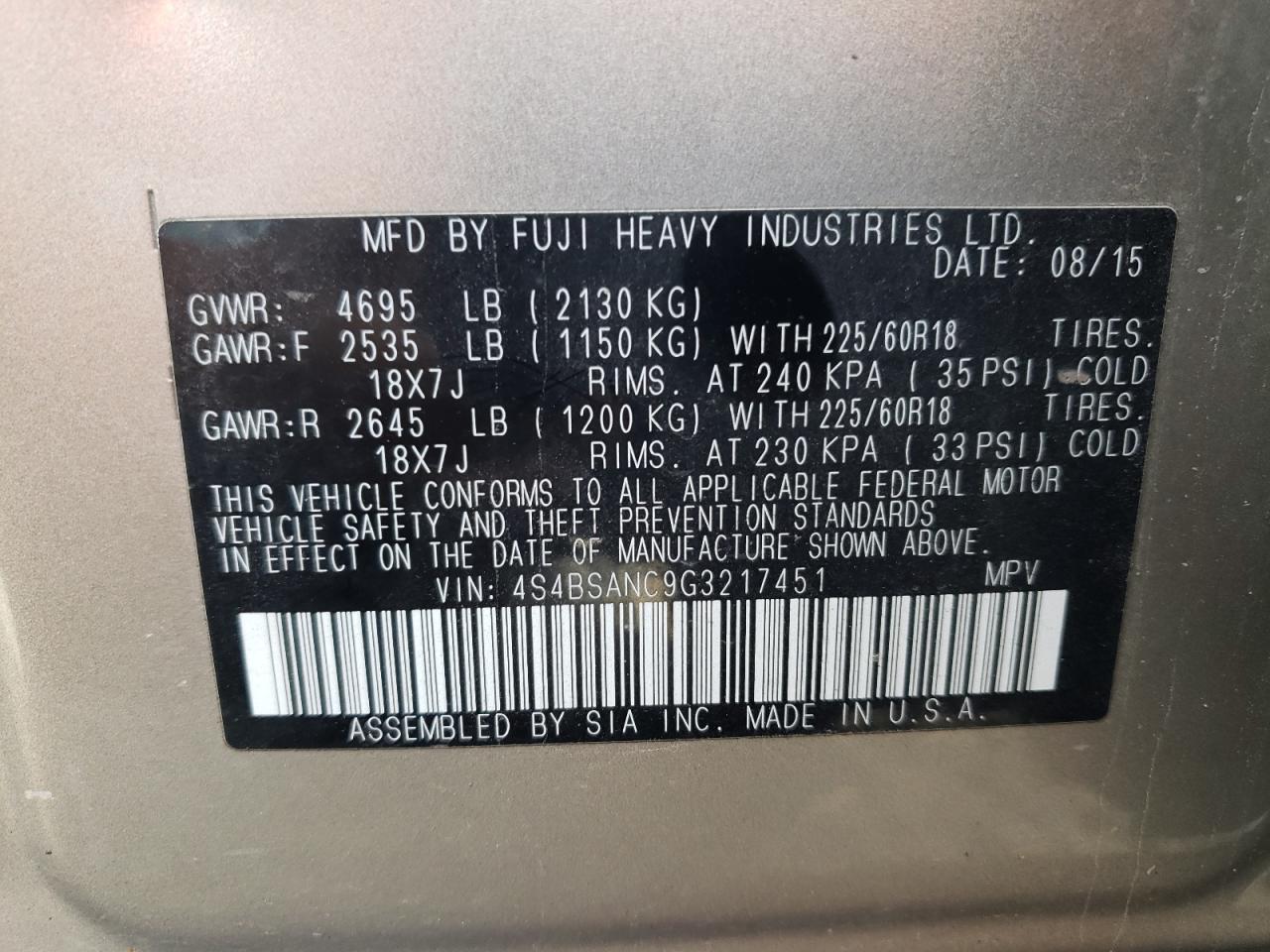 2016 Subaru Outback 2.5I Limited VIN: 4S4BSANC9G3217451 Lot: 71121615